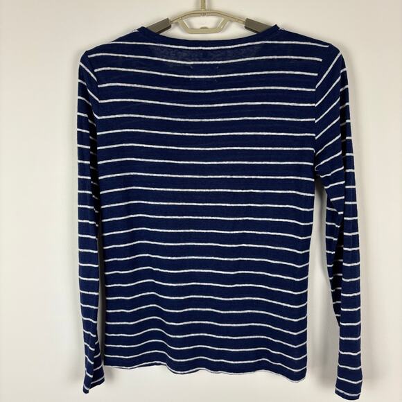 Lou & Grey 100% Linen long sleeve top Navy Blue White Stripes Medium crewneck - Picture 2 of 6
